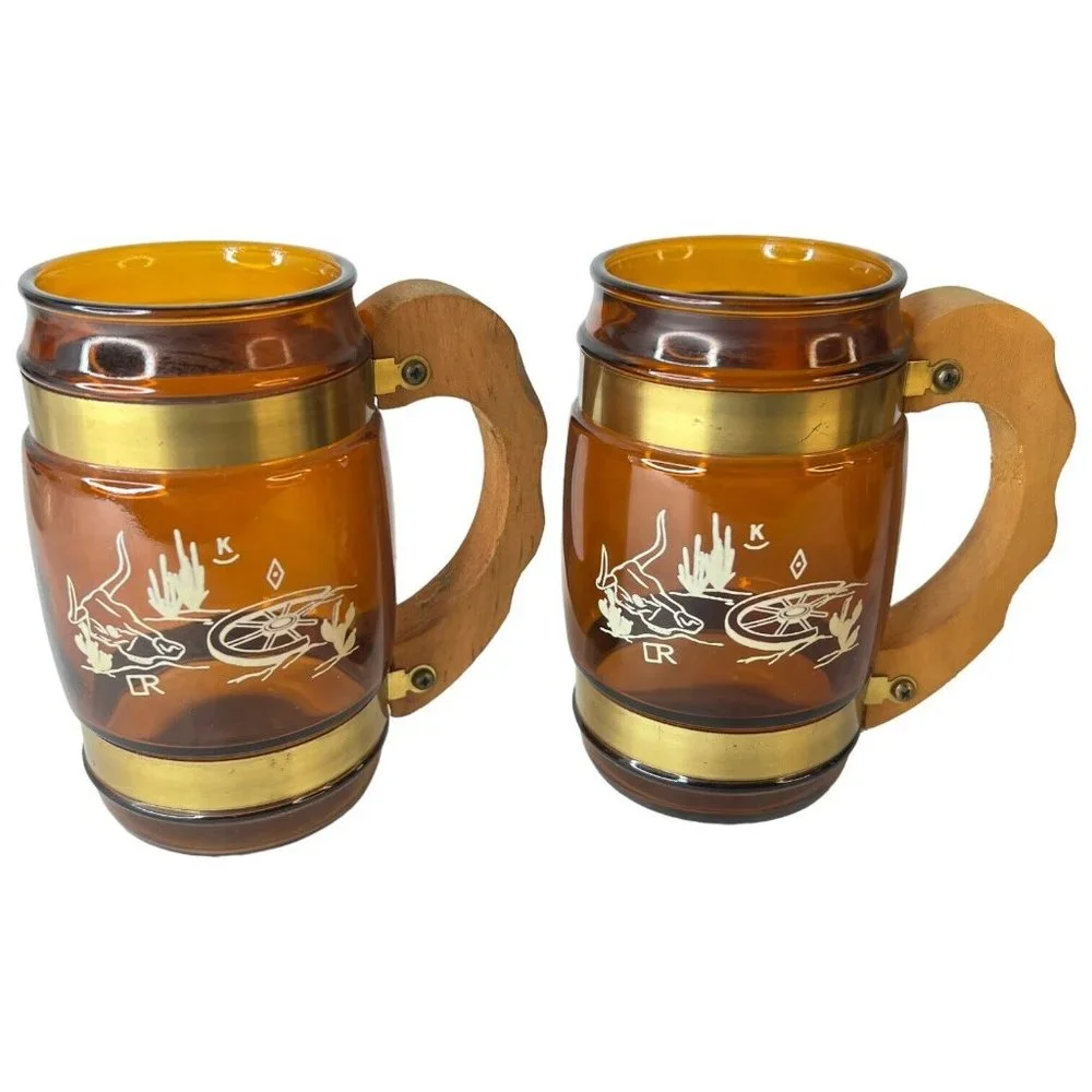 6 SiestaWare‎ Western Roundup Barrel Mug Wood Handle Wagon Wheel Skull CampFire